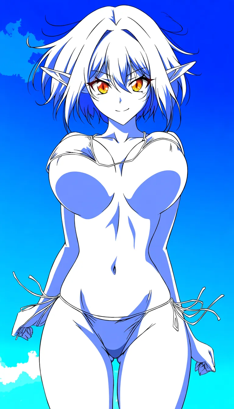 8k, sharp focus, detailed skin, elf girl, bouncing breasts, colored skin, blue sky, dslr quality