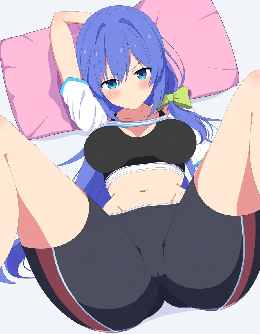 @sinon ultra detailed, fitness model, presenting, groin, hair bow, pillow, doujin style,, (anime style:1.3), 2d, anime screencap, cel shading, flat color