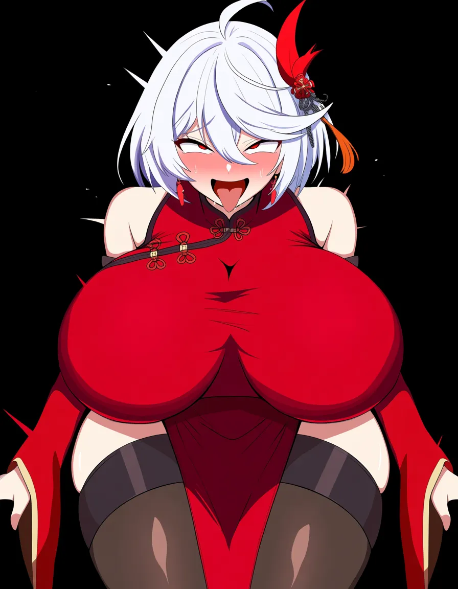 فتاة واحده, hentai_studio_quality short_hair white_hair _full_body huge_breasts, hentai_studio_quality on_stomach closed_mouth Red scarf china_dress Separate wide sleeves, hentai_studio_quality Huge thighs A sexy position red_eyes red dress, hentai_studio_quality ahegao, hentai_studio_quality