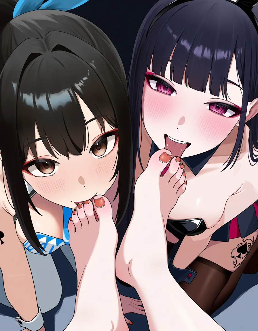 masterpiece, clean art, 2girls , @burnice_white , long_hair, eager , encouraging, playboy_bunny , goth, black_hair , perfect feet , thighhighs, rabbit_ears , rabbit_tail, makeup , thighs , perfect_face, perfect_anataomy, perfect_proportions, spade tattoo on thigh, skirt, cheerleader,  heart-shaped_pupils , blush, light_smile , all_fours , goth bunny cheerleder sucking burnice toes, toe licking, hentai_studio_quality, hentai_studio_quality