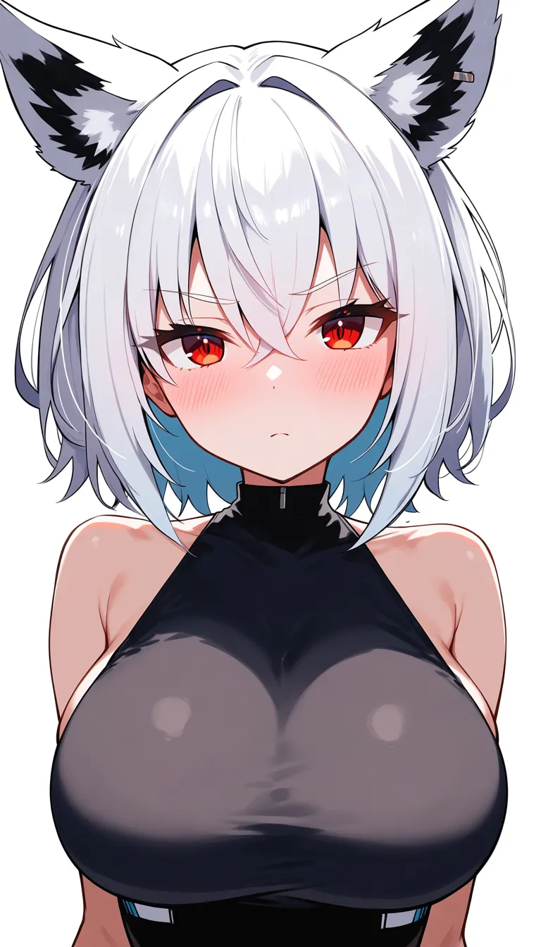 solo_focus, breast_expansion, wolf_girl, huge_breasts, white_hair, short hair, red_eyes