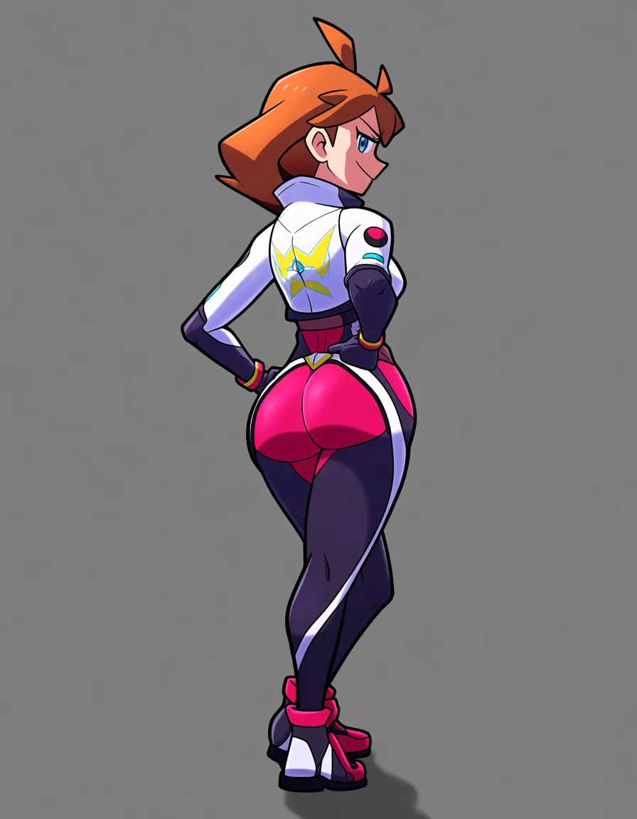 /masterpiece, /ultra_detailed, #akairiot_artstyle, @bea_(pokemon), 1girl, solo, smug, ass, full_body, standing, looking_back, from_behind, hentai_studio_quality