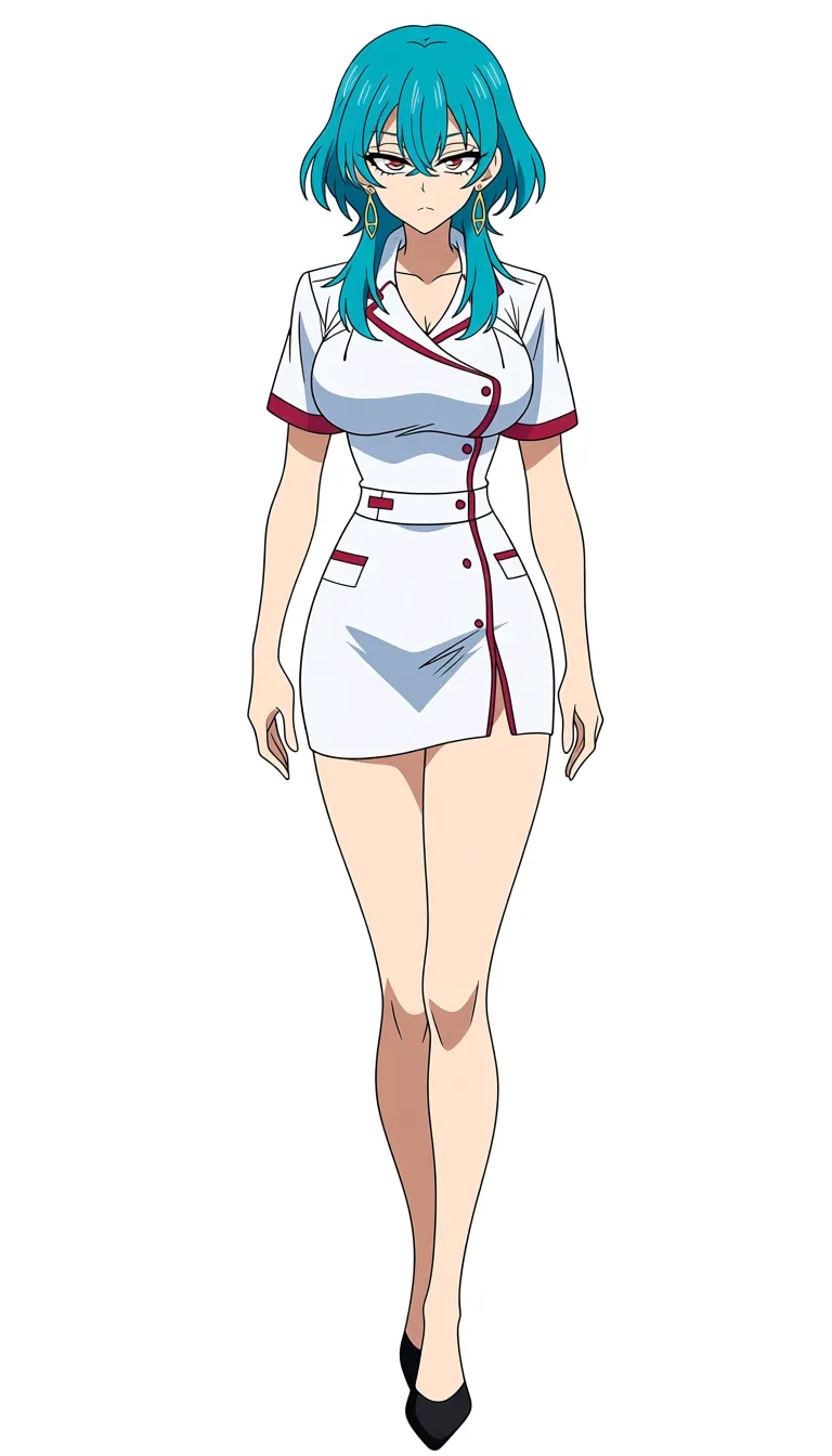 masterpiece, best quality, nurse, black footwear, aqua hair, earrings, walking toward camera, deepthroat, lustful eyes, over the shoulder, manga aesthetic