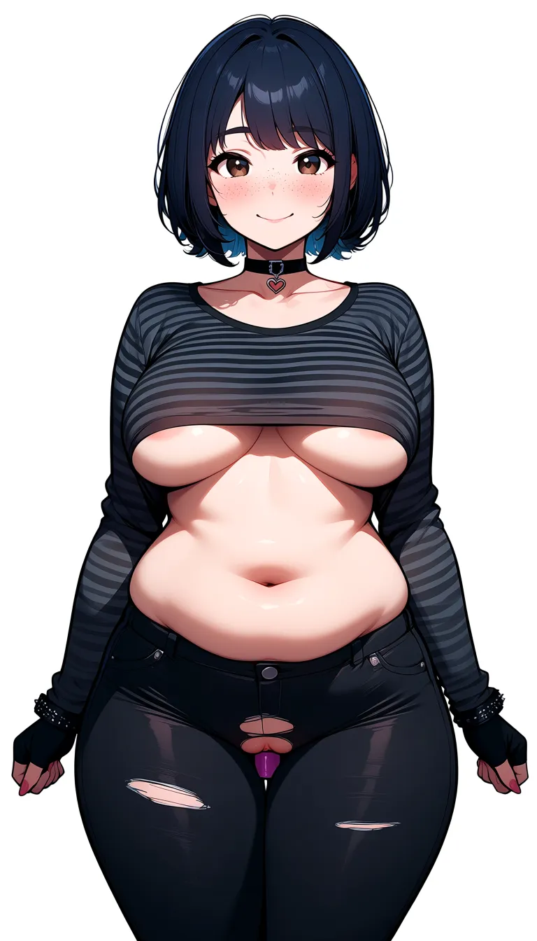 Anime-style illustration of a cute 20-year-old young woman with a plump, soft-curved body. She has short, bob-style dark blue hair, delicate freckles, large brown eyes, and a gentle smile. She is dressed in an "emo" style: a long-sleeved, black-and-gray striped top that leaves her breasts exposed, tight black jeans with a rip at the crotch, a black choker with a heart pendant, fingerless gloves, and subtle, dark-toned accessories. 
Masturbating with a dildo, masterpiece.