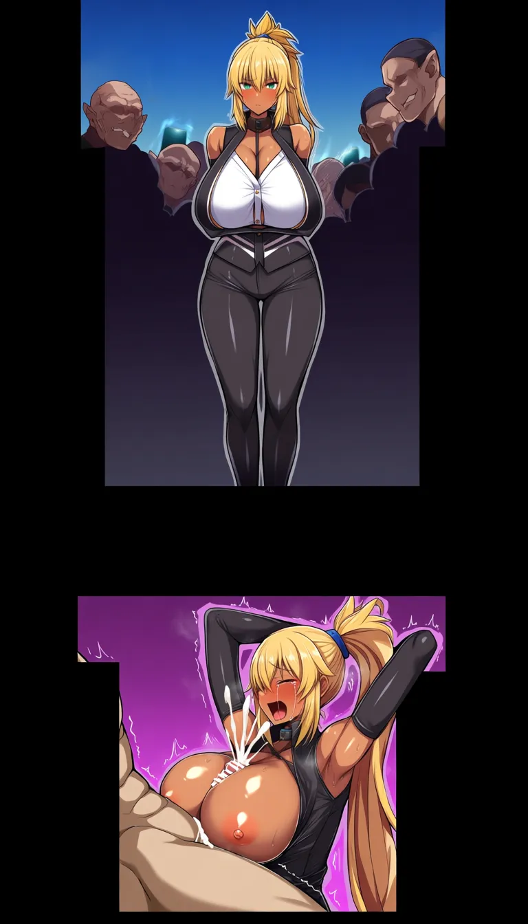 multiple_views, multiple_boys , 1girl , outdoors, school_uniform, high_ponytail , large_breasts, dark-skinned_female. First scene: standing , nervous, clothed, full_body, tight_clothes. Second scene: embarrassed, dominated, on_back, submissive, breasts out, paizuri , hands_up, breasts_squeezed_together, crying, cum, moaning.
Hentai, hentai_studio_quality, hentai_studio_quality, hentai_studio_quality, hentai_studio_quality