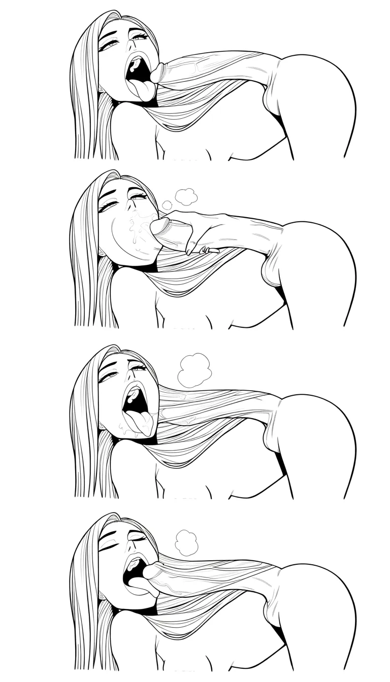 A woman with long, flowing hair leans forward, her knees bending and hips shifting to lower her body. Her left hand cups the base of a man's penis while her right hand guides it toward her mouth. She opens her lips wide, tongue extending to lick the tip before enveloping it completely. Her head tilts back, eyes closing as she begins a rhythmic bobbing motion, cheeks hollowing with each suction. Her shoulders rise and fall in sync with her breathing, chest rising and falling visibly. After several seconds, she pulls back slightly, lips glistening, then exhales a soft moan before diving back down with renewed intensity.