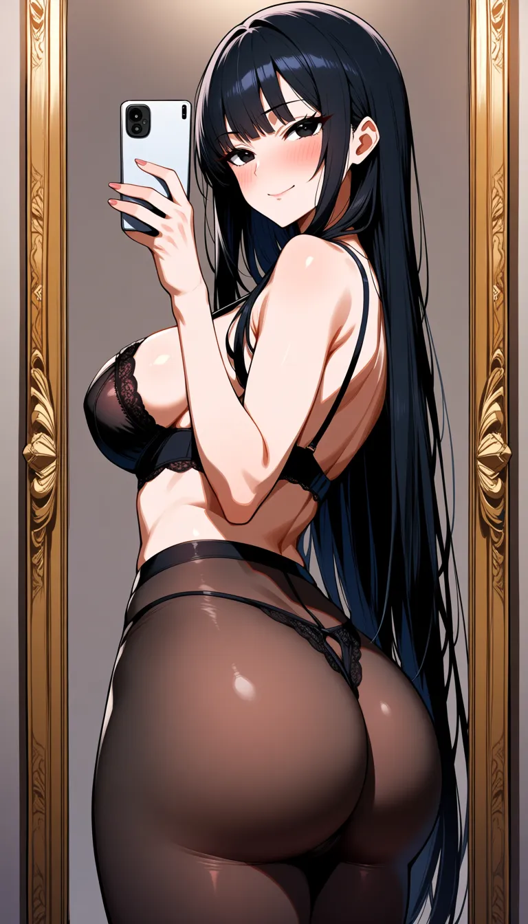 huge breasts & huge curvy legs huge ass, pritty face, skin white black straight_hair, black eyes
with sexy lingerie in front of mirror to take selfie female_masturbation to take picture for her husband, hentai_studio_quality