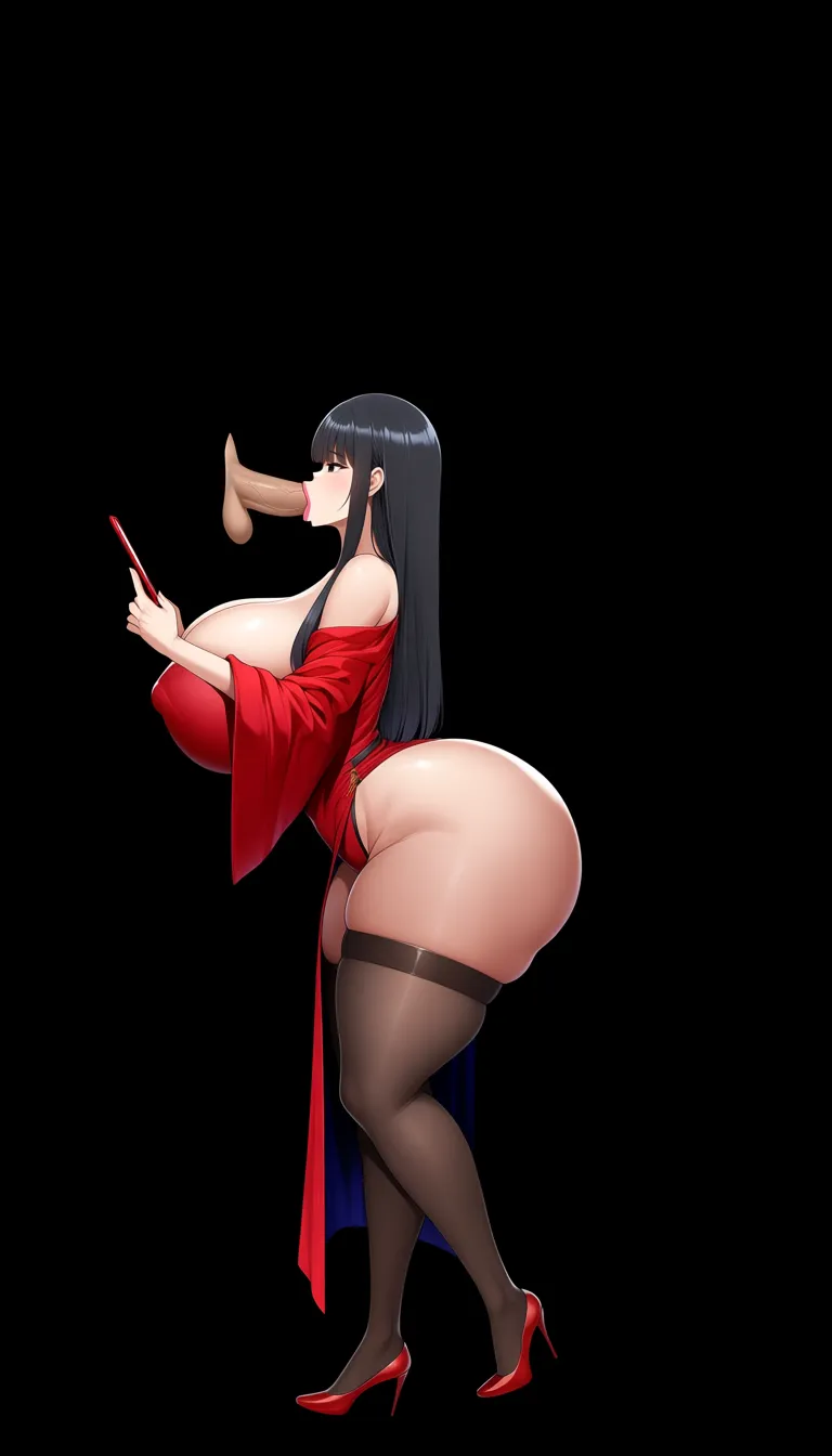 picture realistic hentai, very massive huge breasts & huge curvy legs verry massive huge ass, pritty face, skin white black straight_hair, black eyes 
she is in hotel in cheating cuckold with man fellatio huge dick 9 inches and takes her phone in left hand to talk with her husband, hentai_studio_quality