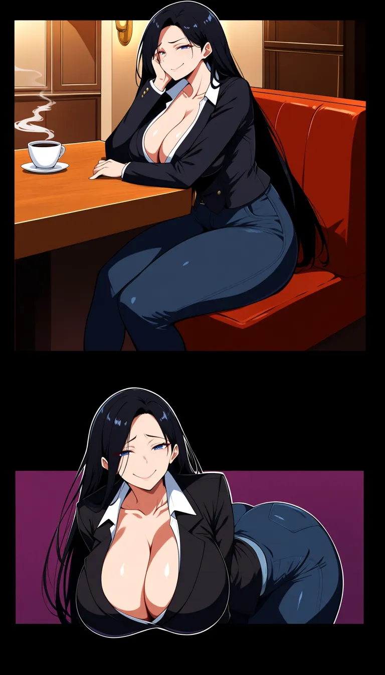 hotwife, first time cuckold cheating on her husband scene 
she have huge breasts huge curvy ass, black long_hair, as sexy model, curvy body 
she wears black suit, bleu jeans denim and open breasts 60% she is sitting (in coffee) smirk and seductive_smile to other man in her front and she is so shy and horny,, hentai_studio_quality