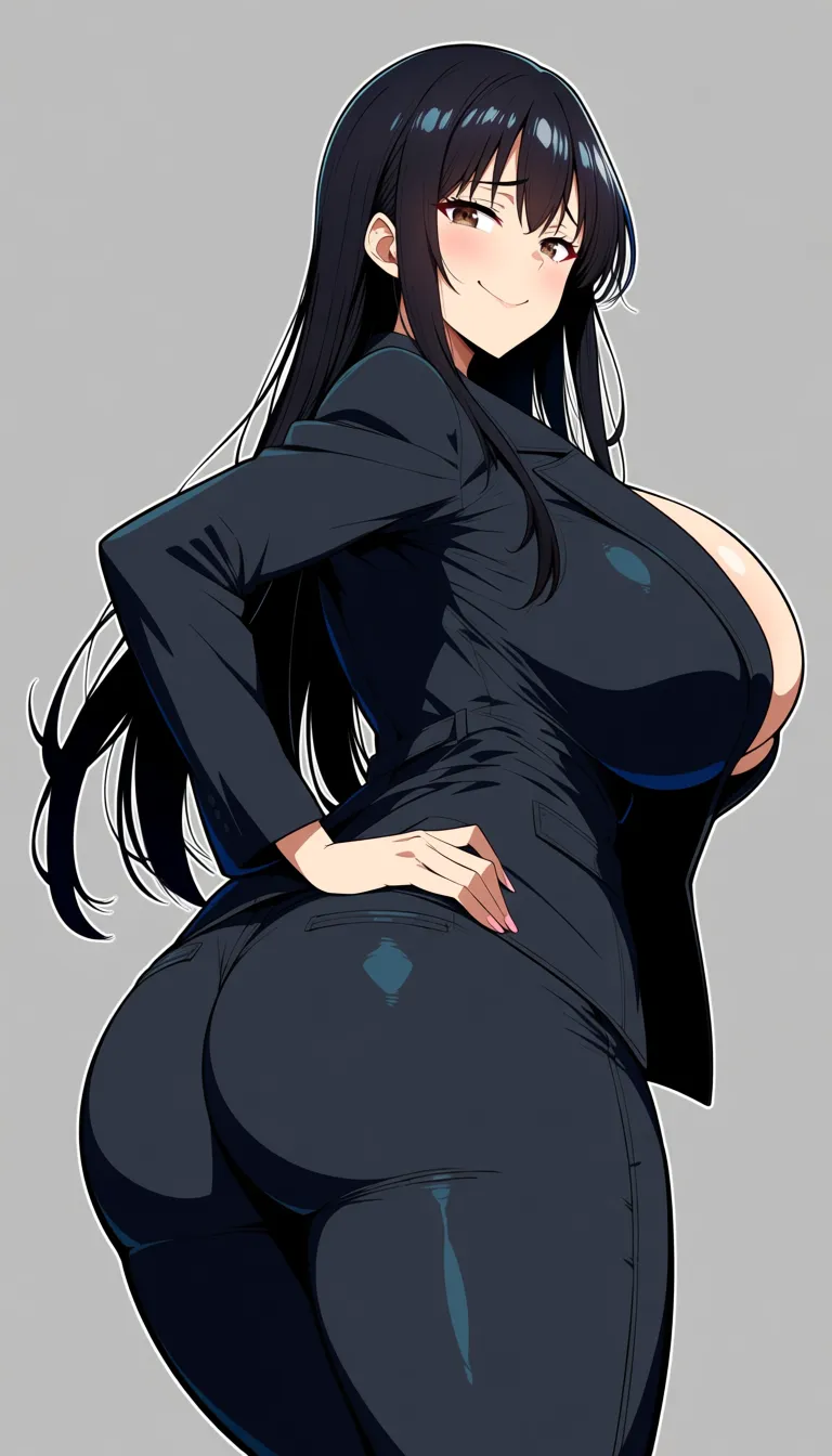 she have huge breasts huge curvy ass, black long hair, brown eyes, big boody as sexy model, curvy body she wears bleu jean denim and black suit with open breast 55% walking in street and shy, horny to attract men's, many men's followed her to fliter her and she smiles and shy, hentai_studio_quality