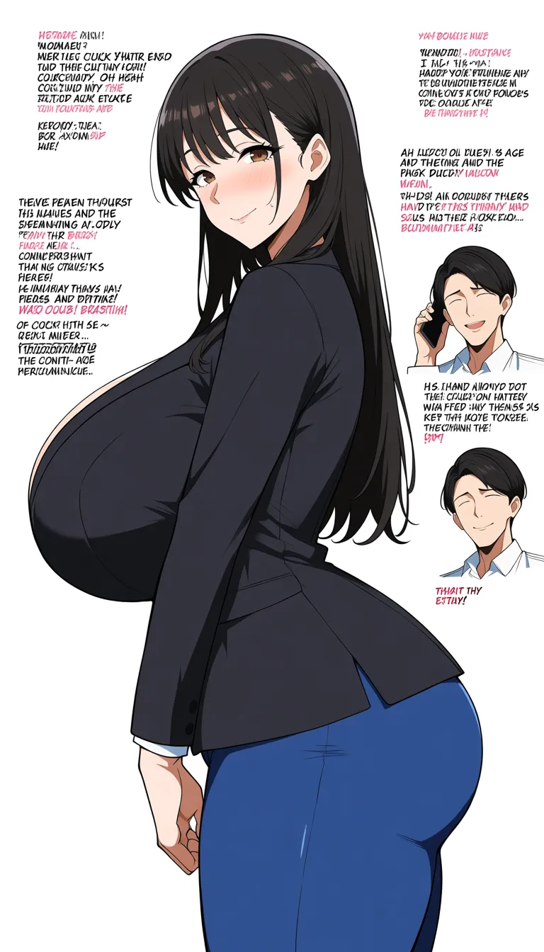 woman have 24 age skin bronze and white, black long hair brown eyes, nice face huge breast, huge boobs, huge ass curvy body, huge legs she wears blue pant and black suit she gone with other man, to cuckold her husband and she is happy and shy, and talks in phone with her husband, hentai_studio_quality