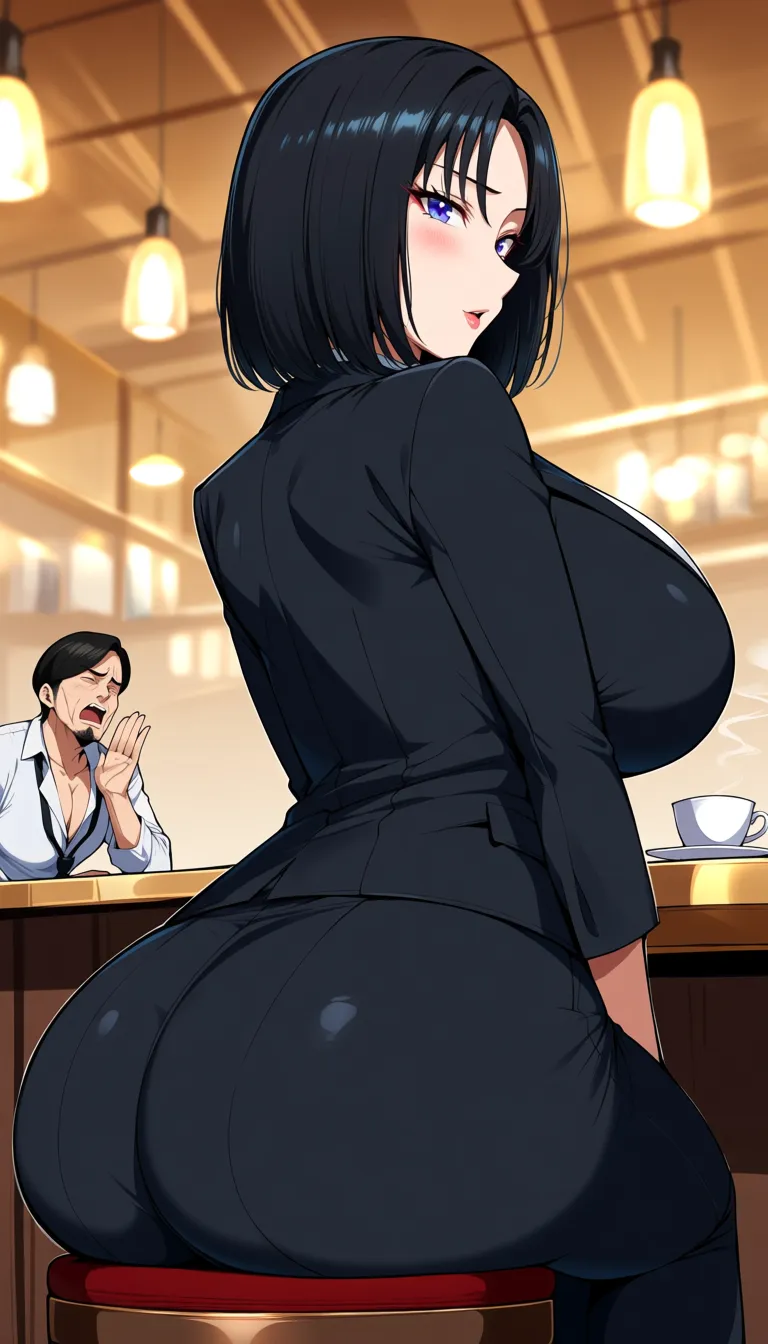 (she is sitting in coffee with a man and fliter him and she makes her hand on his hand as horny, ) + Woman 21 years, as latina haved pretty face, have huge boobs, huge breast, medium black hair straight, curvy huge body, huge ass, she wears bleu jean with black suit so sexy, attractive class luxury woman, hentai_studio_quality, hentai_studio_quality