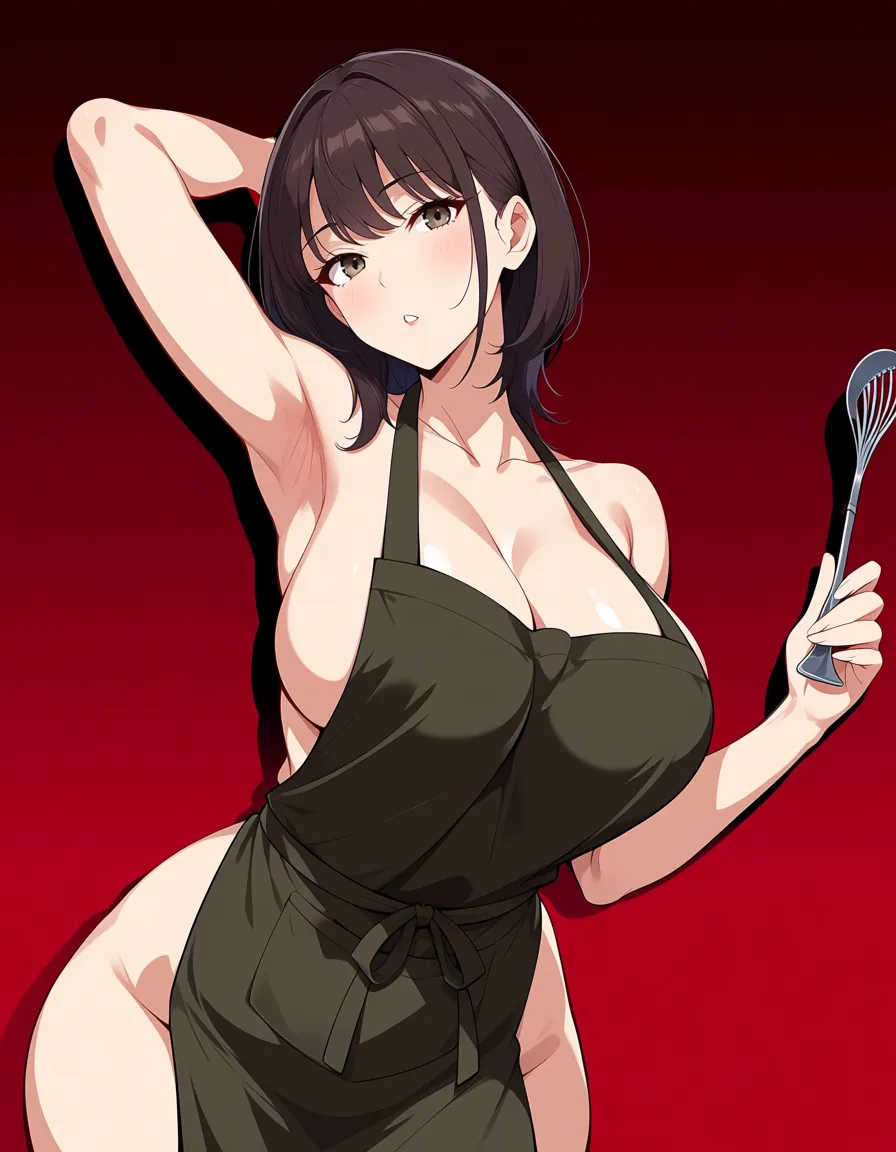 large breasts, barista, nude, apron, revealing_clothes, low cut, wide hips, front fancing, brunette, 1girl, hentai_studio_quality, hentai_studio_quality, arms_behind_back, hentai_studio_quality