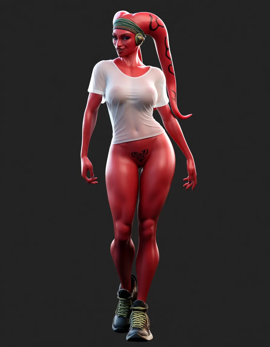 red skinned twi'lek, visible pubic_tattoo, bottomless, no_bra, naughty_face, see-through_shirt, score_9, score_8, 3d render, octane render, subsurface scattering, ray tracing, smooth shading