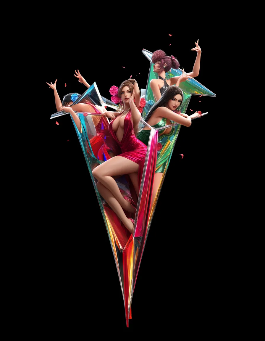 highres, vivid, 5girls, hands up, cocktail dress, 69 position, black background, visual novel art, score_9, score_8, 3d render, octane render, subsurface scattering, ray tracing, smooth shading