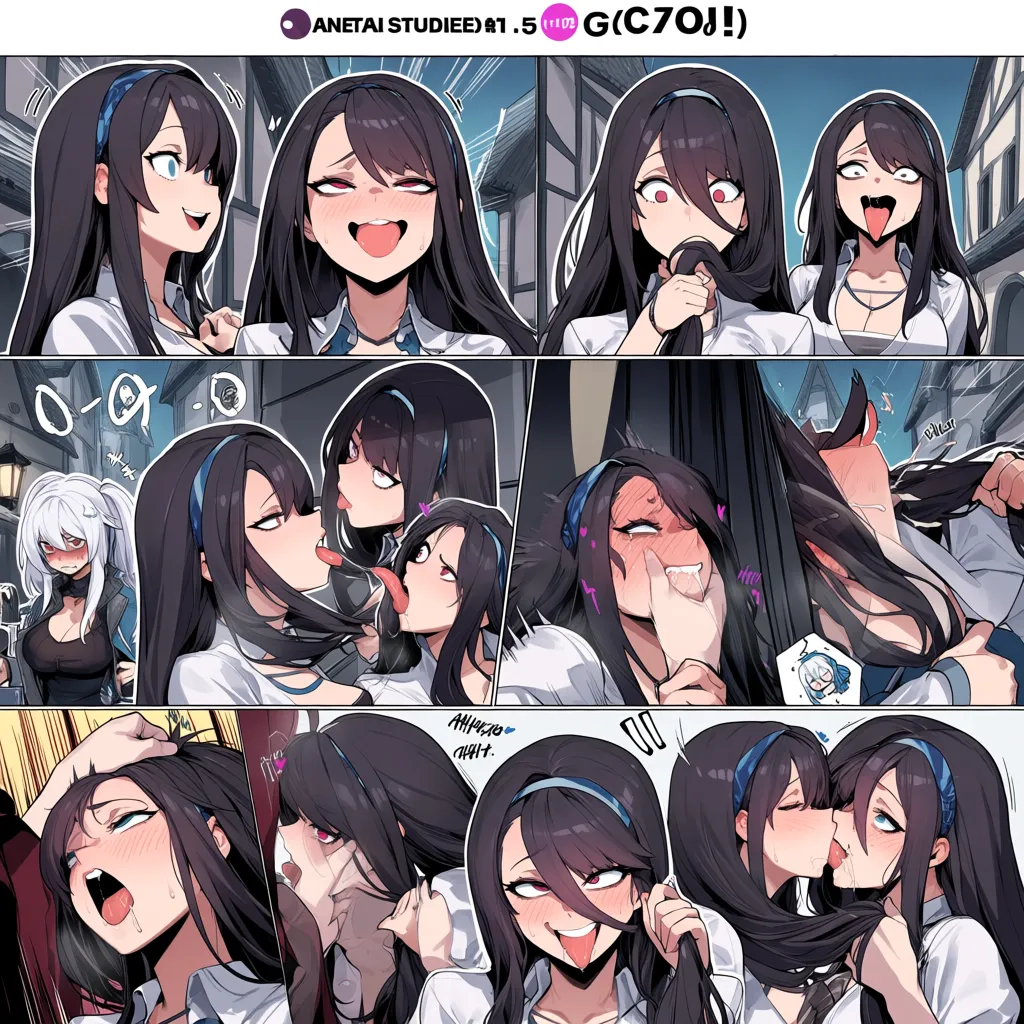 masterpiece, best quality, soft cel shading, eye contact,(deepthroat_blowjob:1.5) enthusiastic fellatio , head bobbing, expressive, medieval village street setting, (lactation:0.5),  drool, (comic:2.0), woman gagging, tongue movement, grabbing_another's_hair, (ahegao:1.3), (angry_crossed_eyed_teary-eyed:1.2), surprised