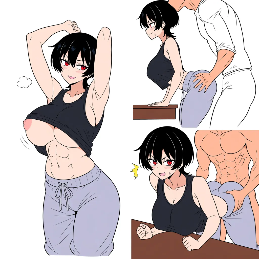 Anime style chick with black shirt showing underboob, one nipple slip, have her wear sweatpants down to her knees while she's arched over a table , have a muscular guy fuck her from the back while holding her plump ass, give her a black wolf cut, red eyes, make her body athletic with toned abs