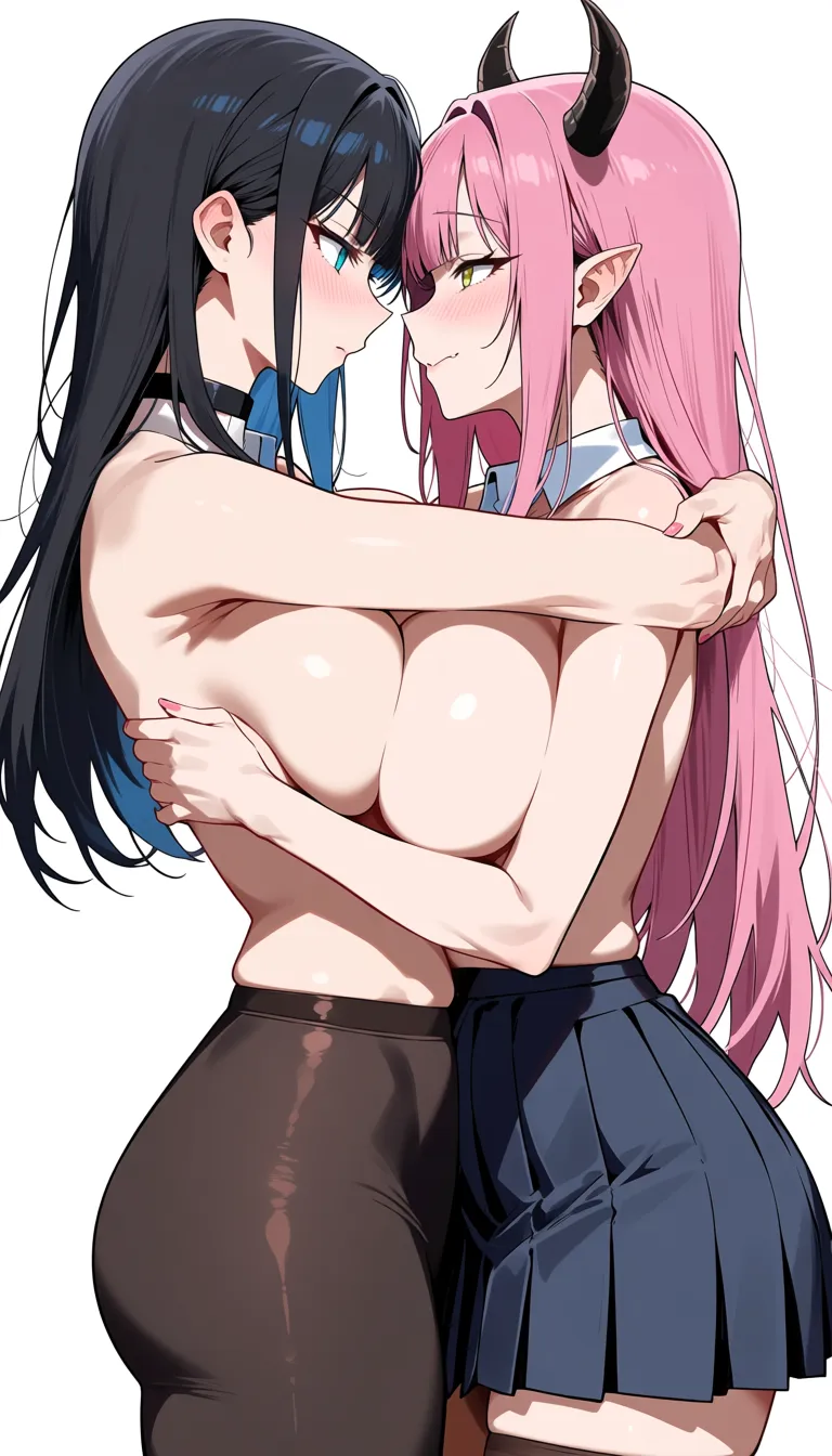 masterpiece, best quality, demon girl, sideboob, horns, topless, transparent background, tender moment, manga panel look, hentai_studio_quality