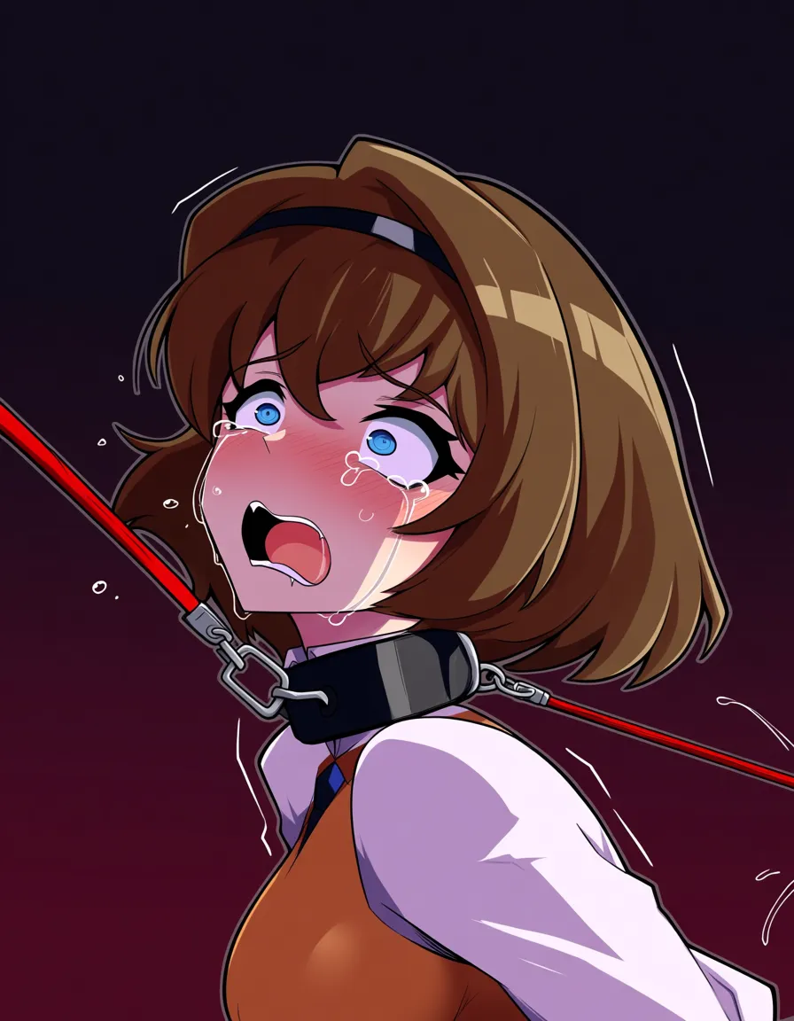 masterpiece, velma_dinkly , slave , leash , bondage , ball_gag , scared , crying_with_eyes_open, hentai_studio_quality