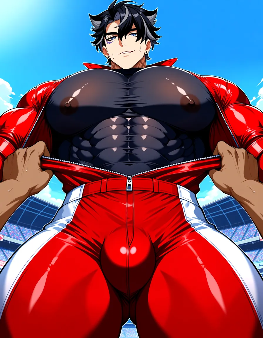 Wriothesley from Genshin Impact, 1boy, tall muscular man, messy black hair with gray streaks, blue eyes, strong jawline, slight smirk with mouth slightly open, looking down at the viewer,

wearing shiny red racing jumpsuit with white accents and open front zipper, black tight stretchy undershirt,

extremely huge exaggerated pectoral muscles stretching the black shirt, nipples clearly poking through the fabric,

two dark-skinned male hands from first-person view firmly grabbing the bottom edge of the black shirt and pulling it outward while squeezing the massive chest hard,

large prominent bulge and thick cock outline clearly visible in the tight red pants, thick muscular thighs,

sweat drops on face, neck and chest, shiny fabric texture,

race track stadium background with blurred crowd and blue sky, low angle looking up,

highly detailed muscles, anime style, manga, NSFW, hentai_studio_quality