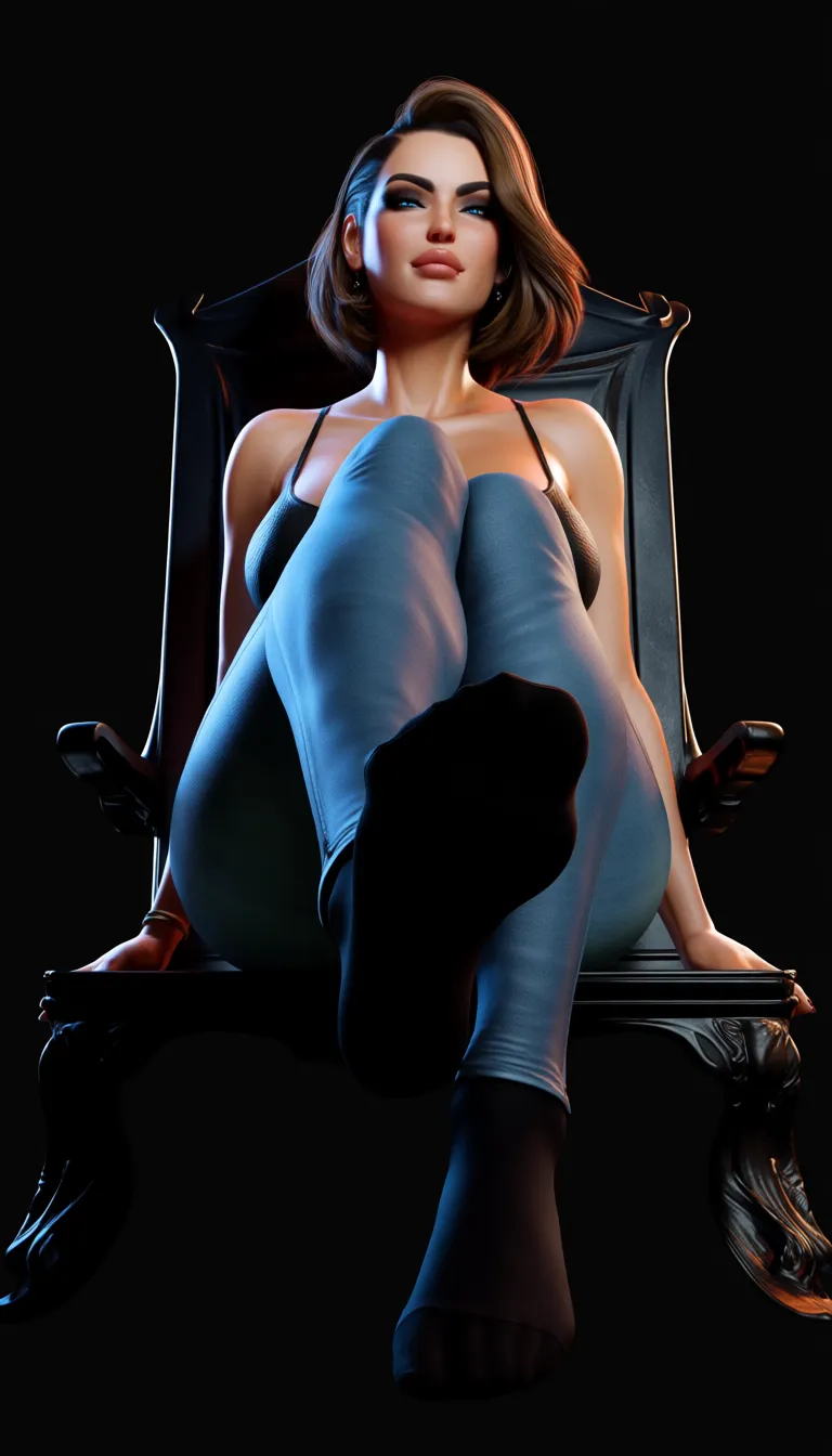 Studio quality, sharp focus , from_below foot_focus , sitting on a Throne @Shadowheart legs_up black_tank_top tight_jeans Black_socks soles , lips , blue_eyes looking_at_viewer , photorealistic, score_9, score_8, candid photo, realistic skin texture, score_9, score_8, 3d render, octane render, subsurface scattering, ray tracing, smooth shading