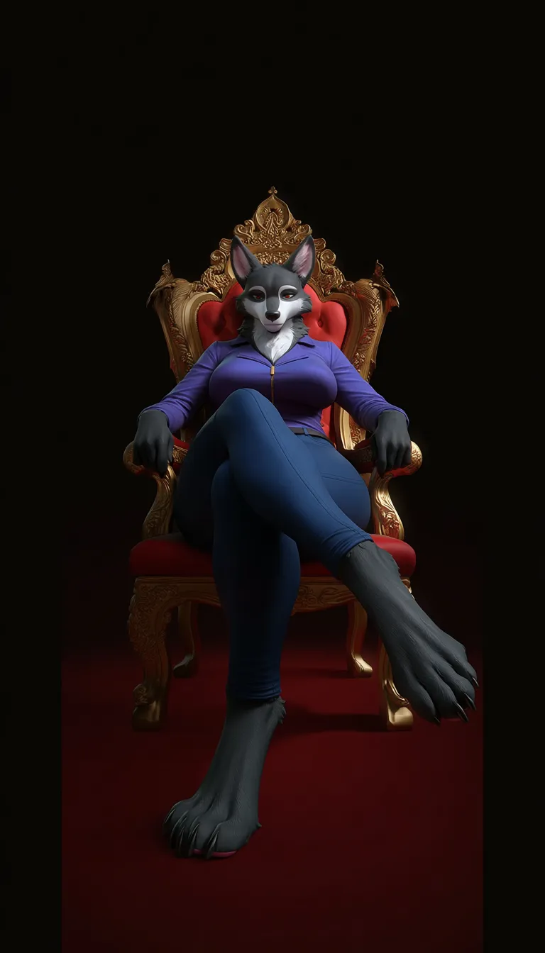 Studio quality, sharp focus , from_below foot_focus , sitting on a Throne @krystal_(star_fox) furry_female body_fur paws black_tank_top tight_jeans , crossed_legs , looking_at_viewer , photorealistic, score_9, score_8, candid photo , realistic skin texture, (anime style:1.3), 2d, anime screencap, cel shading, flat color