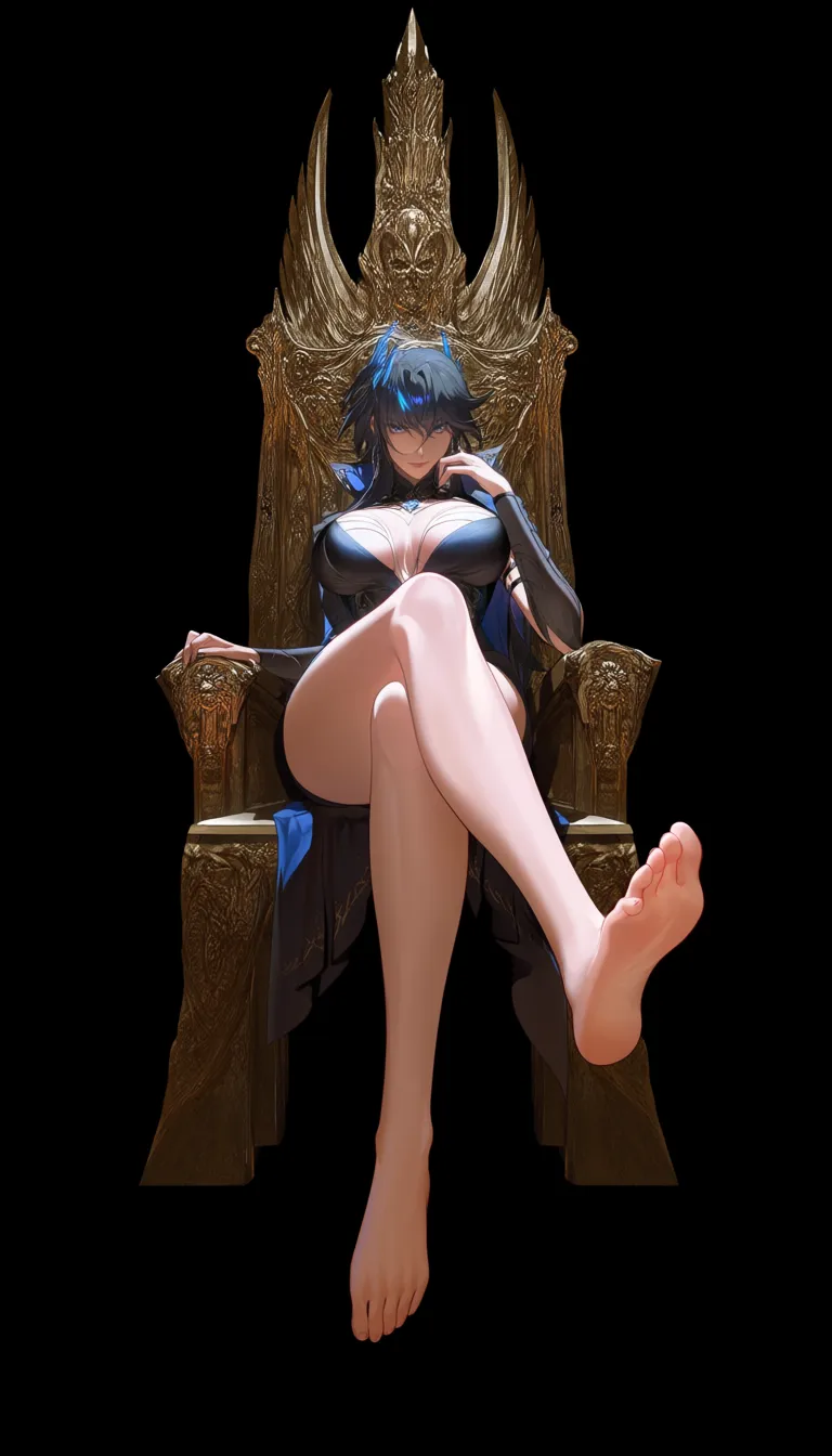 Studio quality, sharp focus , from_below foot_focus , sitting on a Throne @Gina_(Solo_leveling) barefoot soles , crossed_legs , looking_at_viewer , photorealistic, score_9, score_8, candid photo , realistic skin texture, hentai_studio_quality