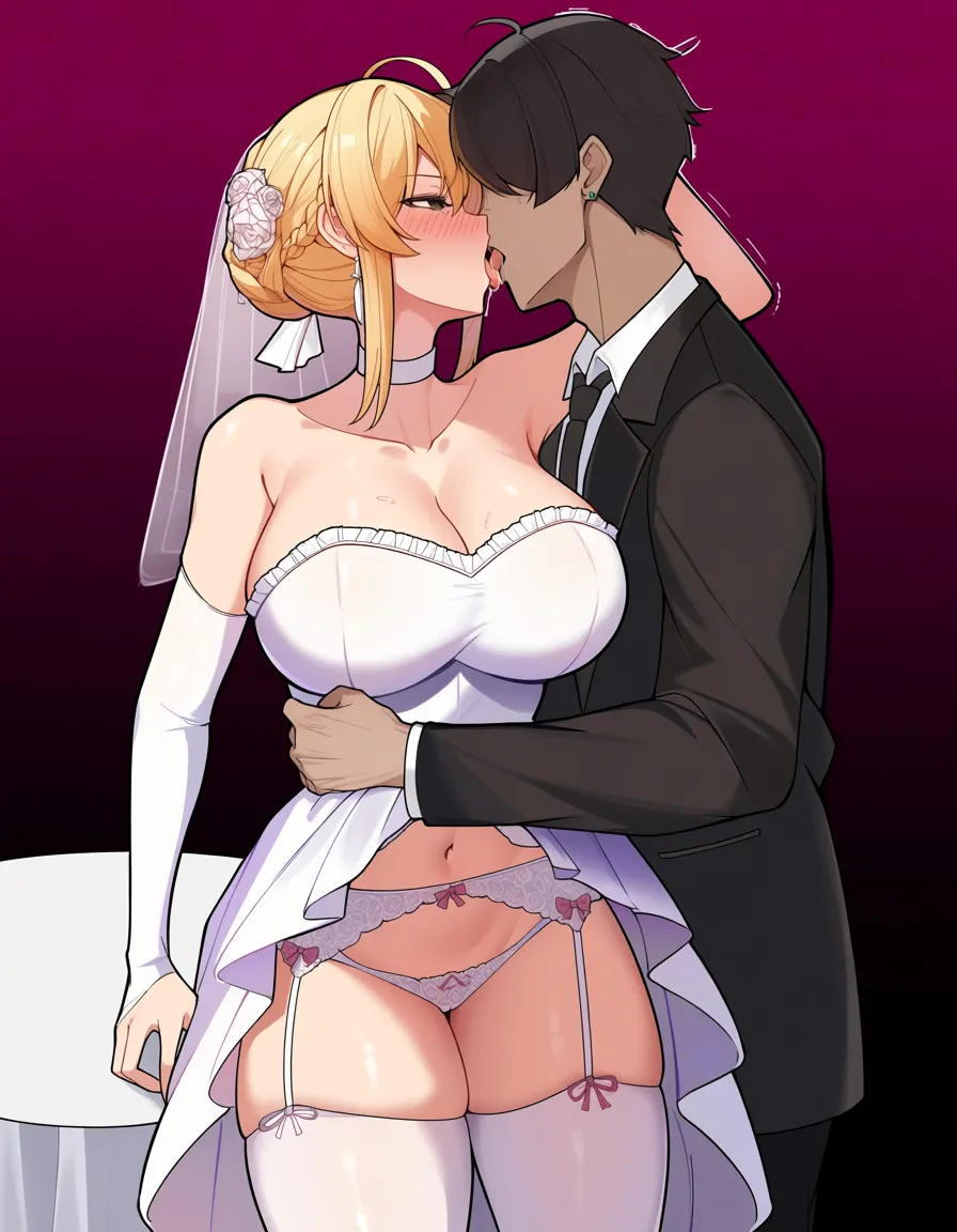 /best_quality /ultra_detailed /highres @fern_(sousou_no_frieren) #wedding_dress #bridal_veil #bridal_garter #lingerie #@_@ #fellatio #public_indecency #kneeling #topless #bondage, hentai_studio_quality