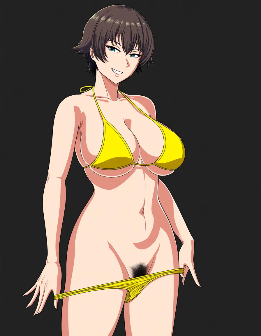 @souryuu_asuka_langley, yellow_bikini, standing, smile, interracial, removing bikini, (anime style:1.3), 2d, anime screencap, cel shading, flat color