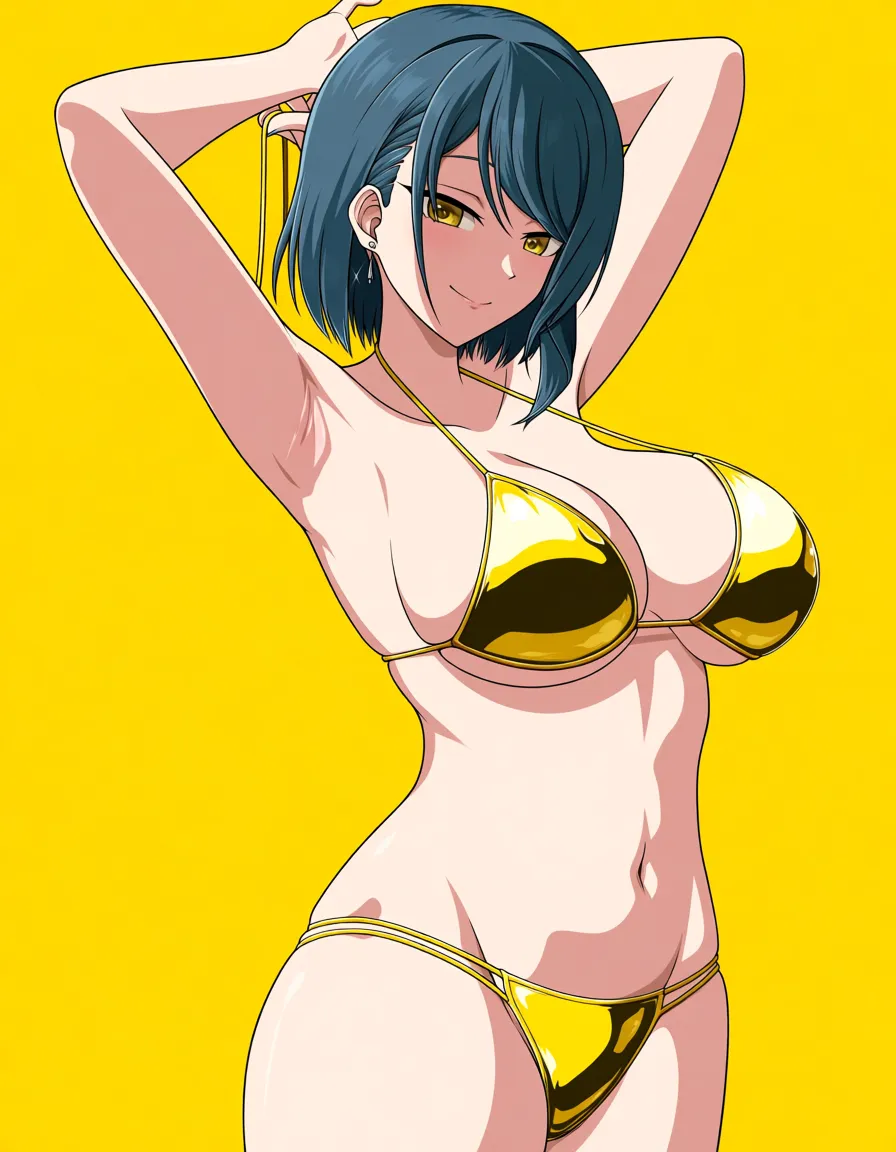 @souryuu_asuka_langley, yellow_bikini, standing, smile, removing bikini, (anime style:1.3), 2d, anime screencap, cel shading, flat color