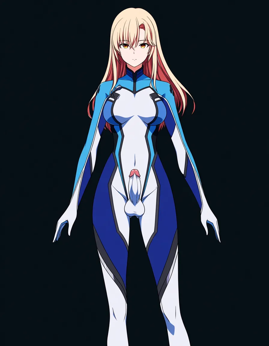 @ayanami_rei, futanari, white_skin, standing, straight-on, bodysuit, (anime style:1.3), 2d, anime screencap, cel shading, flat color