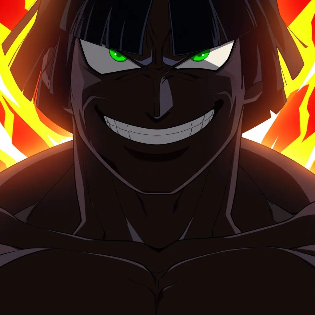 1boy, black muscular man, standing, naked, smug expression, bob, black hair, green eyes, big black cock, cock ring, front view, hentai_studio_quality
