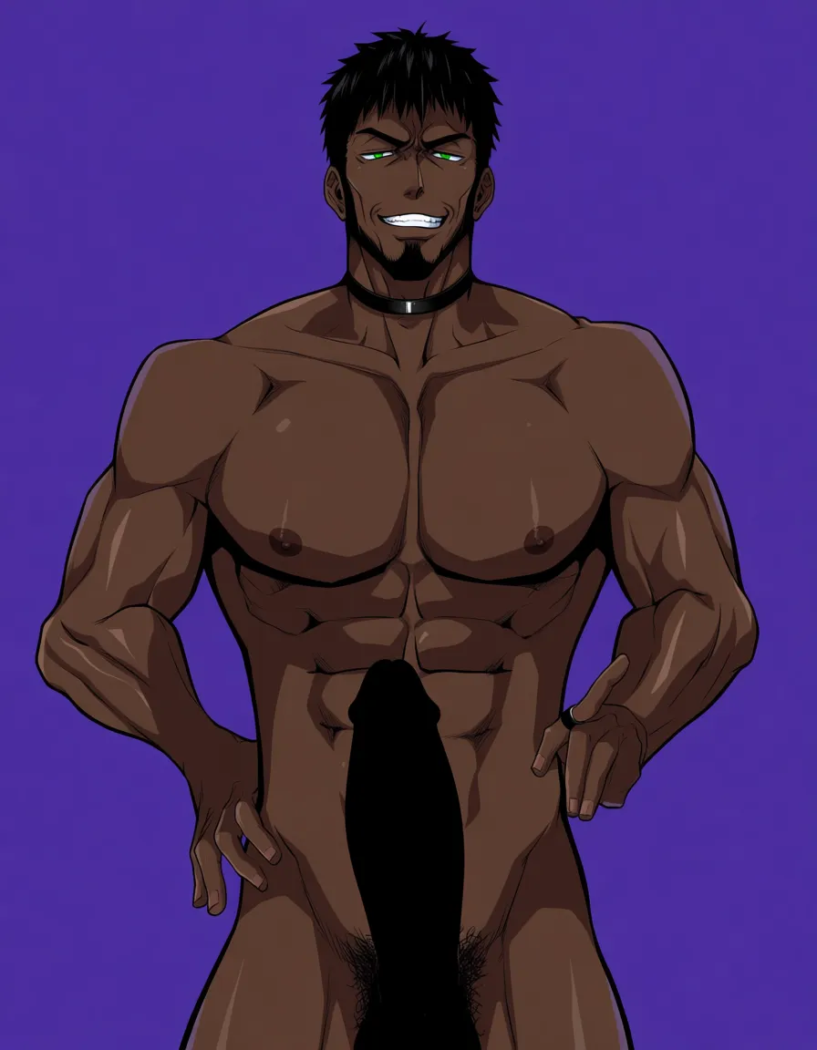 1boy, black muscular man, standing, naked, smug expression, black hair, green eyes, big black cock, cock ring, front view, hentai_studio_quality