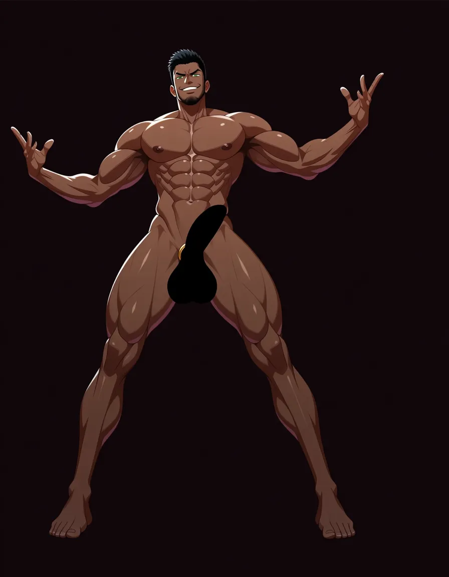 1 muscular black man, 30+, standing, naked, smug expression, black hair, green eyes, big black cock, cock ring, front view, hentai_studio_quality