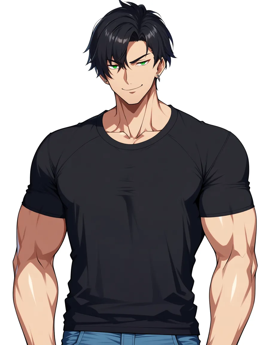 1boy, black muscular man, standing, t-shirt and jeans , smug expression, black hair, green eyes, big black cock, cock ring, front view, hentai_studio_quality, hentai_studio_quality