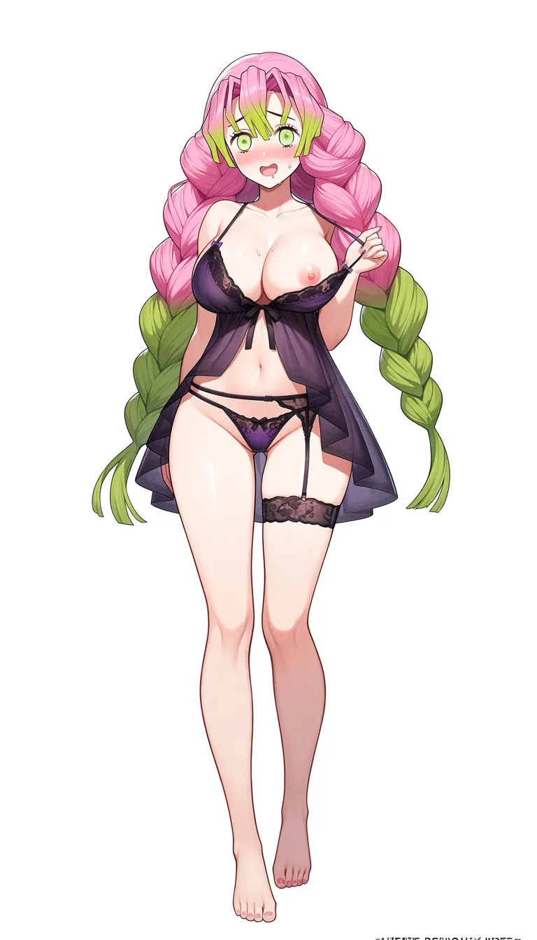 Kanroji mitsuri, anal, thong, panties_aside, nipple_slip, dripping melted chocolate from anus, dark purple lingerie, cowgirl_position, full body