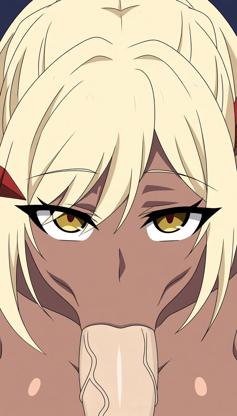 A dark-skinned female elf performing fellatio and stroking on a large penis from the male point-of-view.