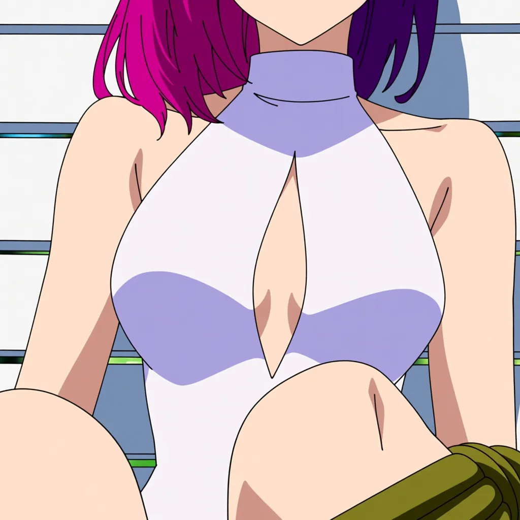A woman with purple hair and magenta highlights, wearing a one-piece_swimsuit that is white, with a high neckline and a teardrop cutout in the chest area. Red eyed. She is on a beach recliner with white padding. Hogtied with olive green colored rope, cleave gagged with an olive green colored cloth., (anime style:1.3), 2d, anime screencap, cel shading, flat color