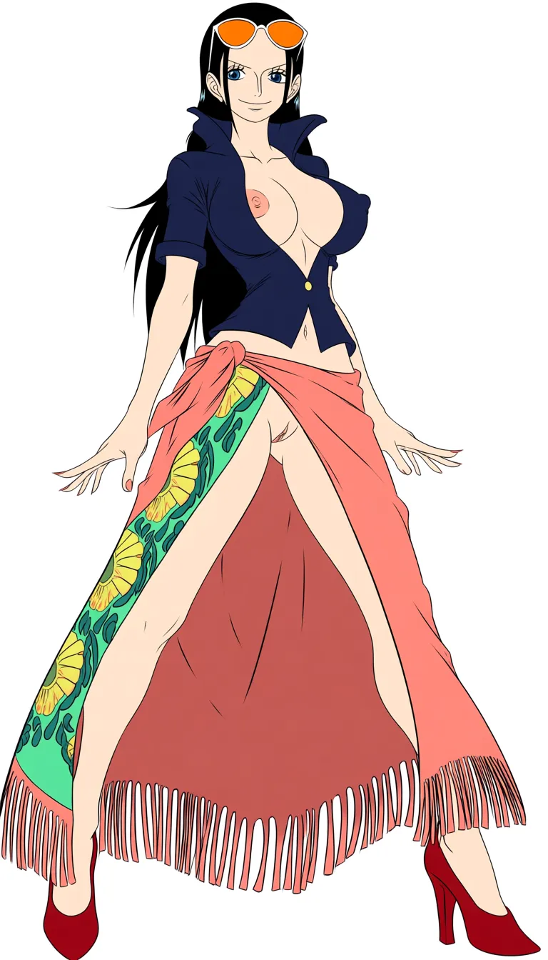Robin from One Piece, Oda style, full_body, beautiful smile, gentle expression, standing, sexy pose, front view, black background, a long coral-pink/salmon wrap skirt or sarong tied around her waist with a decorative green and yellow floral patterns along one side and a fringed/tassel-like hem and a massive front slit revealing her naked pussy, a fitted dark-blue short-sleeved jacket completely open with a high collar and the sleeves slightly rolled at the edges, breasts and nipples exposed, pussy exposed, orange tinted sunglasses on top of head, Red-coral high-heeled pumps with pointed toes, massive amount of sperm dripping from pussy, (anime style:1.3), 2d, anime screencap, cel shading, flat color, @00osamio00