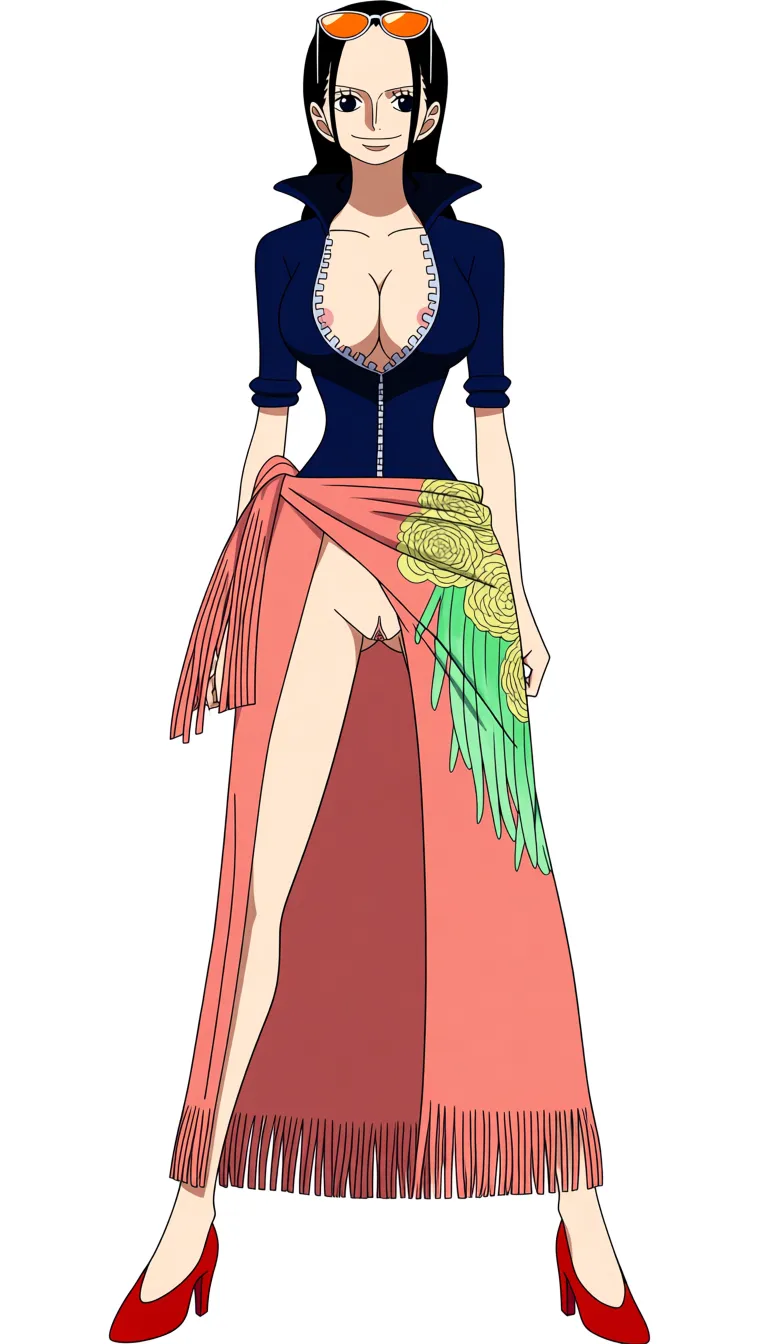 Robin from One Piece, Oda style, full_body, beautiful smile, gentle expression, standing, sexy pose, front view, black background, a long coral-pink/salmon wrap skirt or sarong tied around her waist with a decorative green and yellow floral patterns along one side and a fringed/tassel-like hem and a massive front slit revealing her naked pussy, a fitted dark-blue short-sleeved jacket completely open with a high collar and the sleeves slightly rolled at the edges, breasts and nipples exposed, pussy exposed, orange tinted sunglasses on top of head, Red-coral high-heeled pumps with pointed toes, massive amount of sperm dripping from pussy, (anime style:1.3), 2d, anime screencap, cel shading, flat color