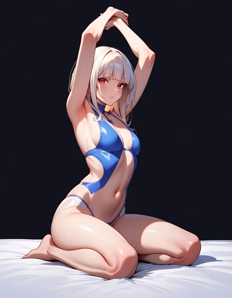 ultra detailed, 1other, kneeling on bed, arms up, blunt bangs, water, visual novel art, hentai_studio_quality