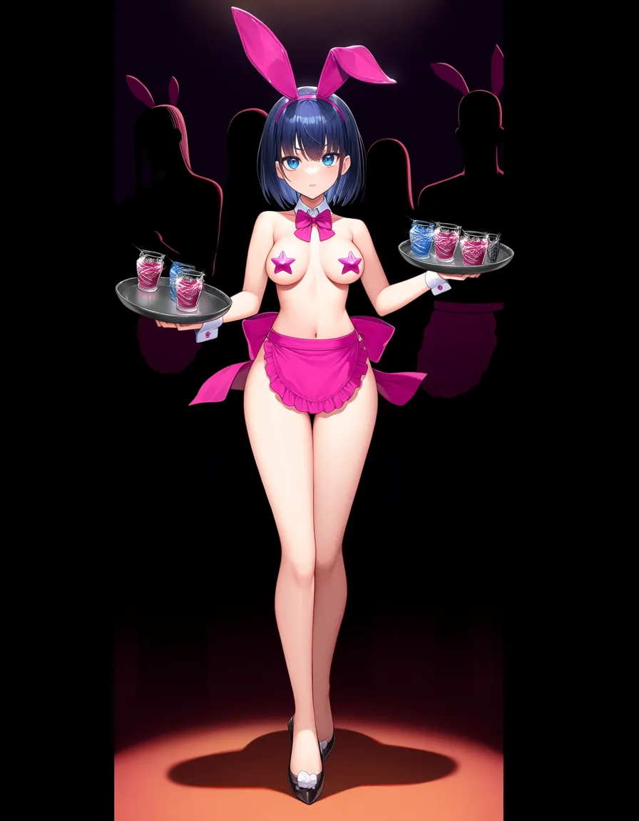 Masterpiece, best quality, vivid, 1girl, solo_focus, petite, medium_breasts, dark blue hair, short_hair, detached_collar, small pink star shaped pasties, pink waist_apron, playboy_bunny ears, midriff functionally nude, bottomless, holding_tray, high_heels, standing
BREAK
Night club, indoors, multiple_others,, hentai_studio_quality