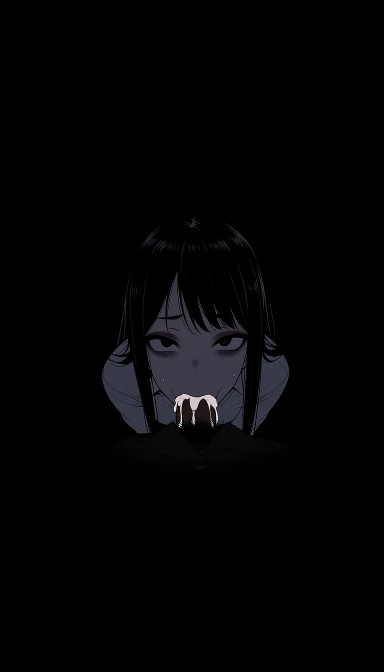 2d. A girl with long black hair, black eyes, cum in mouth, cum all over, cum on tits, wearing office clothes that stretch so hard at her tits they look as though they are about to tear, and a penis in her mouth. She sucks on a penis with crazy, tired eyes. She is very pleased. Wide crazy smug smile. Dark, moody background. She has large dark eye-bags that show that she's been awake for days.