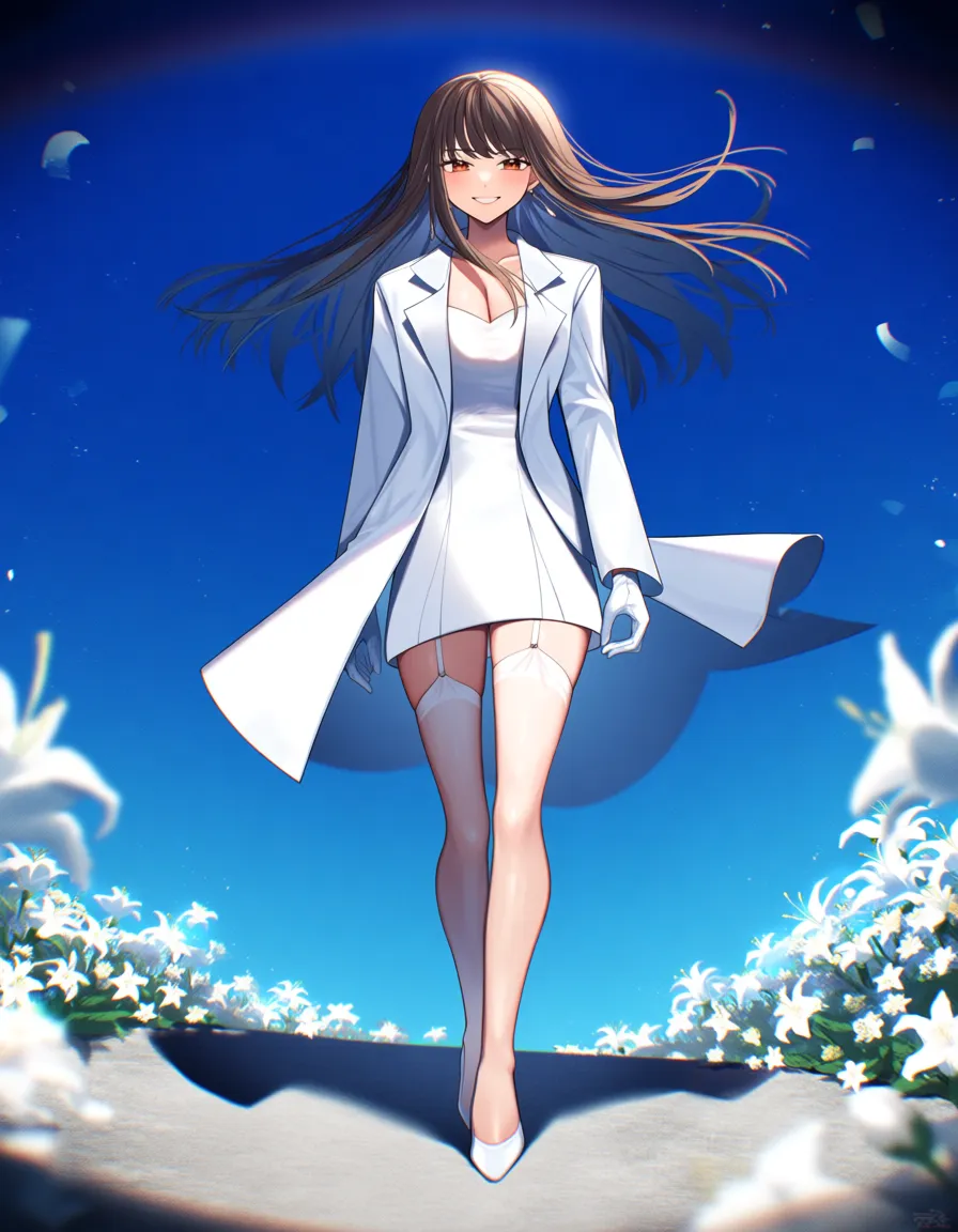 assertive_female, cinematic, studio quality, @makise_kurisu, #simple_background, #white_dress, #flower, floating_hair,walking, white_footwear, thighhighs, gloves, smile, long_hair, straight-on, lab_coat, #full_body, hentai, hentai_studio_quality, score_9, score_8, candid photo, realistic skin texture, visible skin pores, film grain, depth of field, #walking, #3girls #3boys, hentai_studio_quality