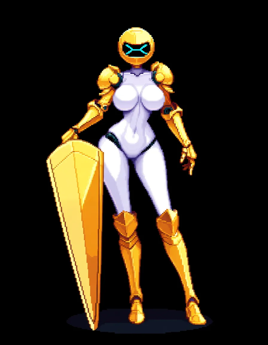 robot girl, screen face, round head, big body, naked, big breast, pixel art, holding_shield on one hand, white_body, black_eyes, knight_helmet, standing, emoticon face, white_face, big_shield, yellow_shield, yellow armor, hentai_studio_quality