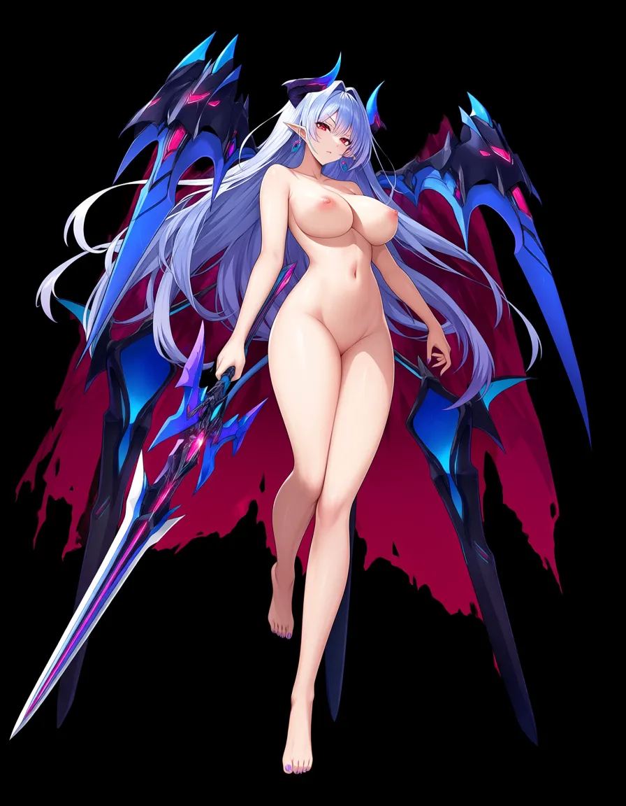 highres, vivid, demon girl, navel, weapon, fully nude, outdoors, vivid anime colors, hentai_studio_quality