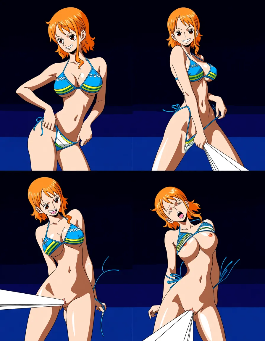 Nami from one piece wearing a skimpy bikini, orange auburn hair, standing, at a beach at night, she smiles as she sways her hips seductively from side to side as she also unties her bikini top and bottom. Then she sucks on one of her nipples as a dick suddenly comes from in front and rails her bare pussy as her face shows shocked ecstasy as she climaxes, (anime style:1.3), 2d, anime screencap, cel shading, flat color, @00osamio00