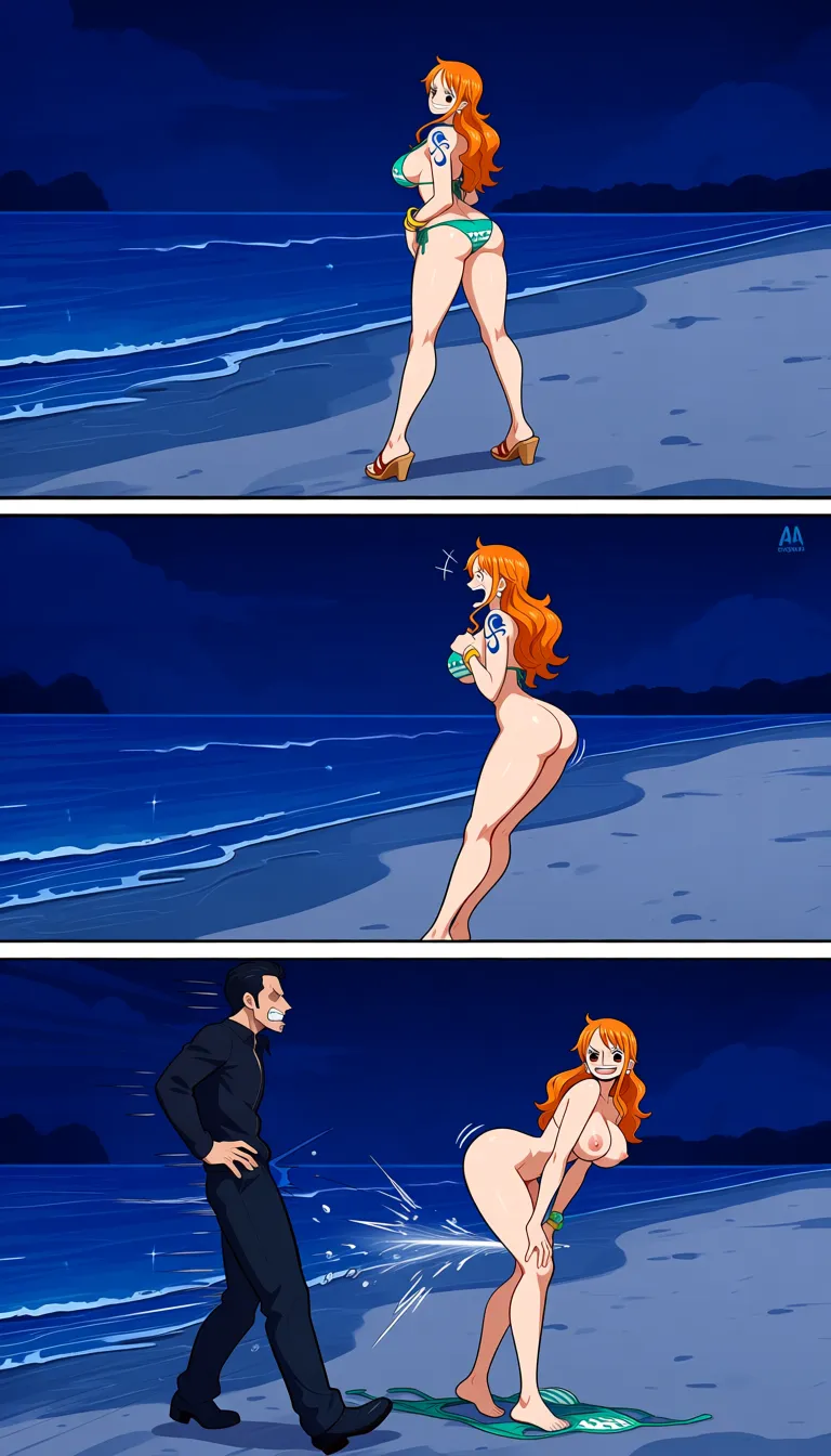 Nami from one piece wearing a skimpy bikini, long orange auburn hair, standing, at a beach at night, she smiles as she sways her hips widely and seductively from side to side as she strips off her clothes revealing her pussy and nipples. Then a dick suddenly comes from in front and rails her bare pussy as her face shows shocked ecstasy as she climaxes