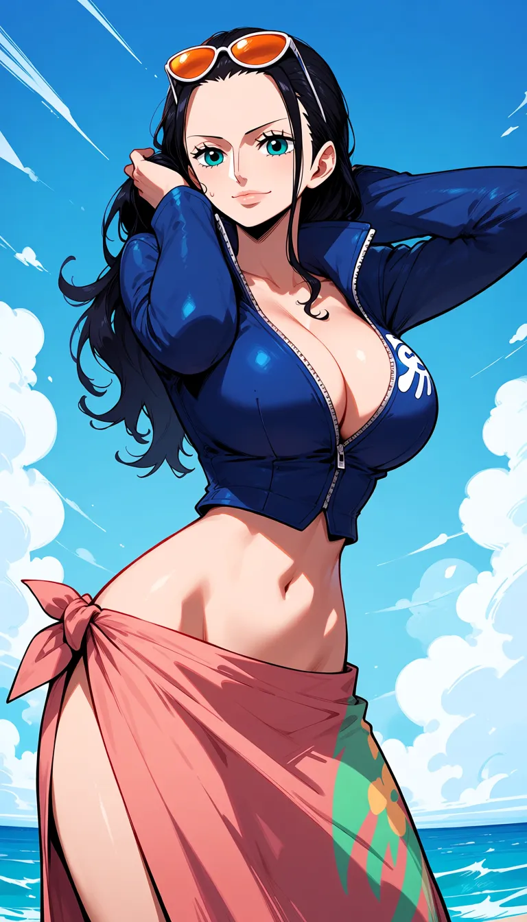 One piece, Nico Robin, blue cropped jacket, pink sarong, big breasts, removing clothes, standing in public,