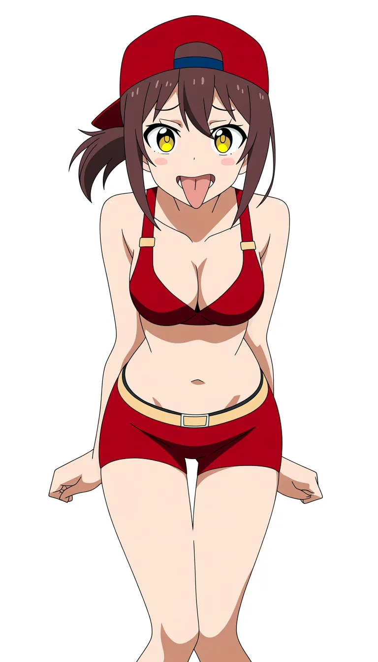 a sexy slutty submissive anime girl with yellow eyes, brown ponytail, and a backwards red hat wearing a red bra and matching short romper leggings (yellow melting Chessy tongue out)
